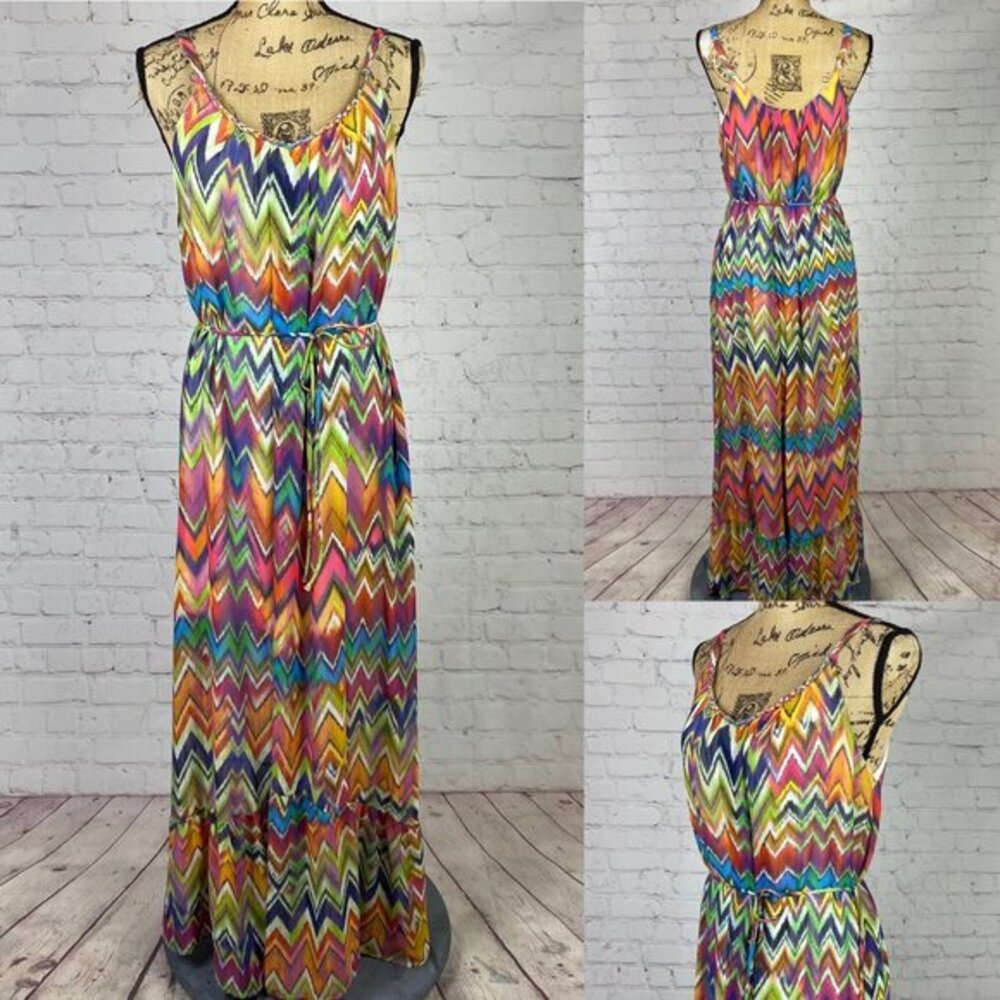 New Direction Colorful Chevron Belted Ruffled Hem Maxi